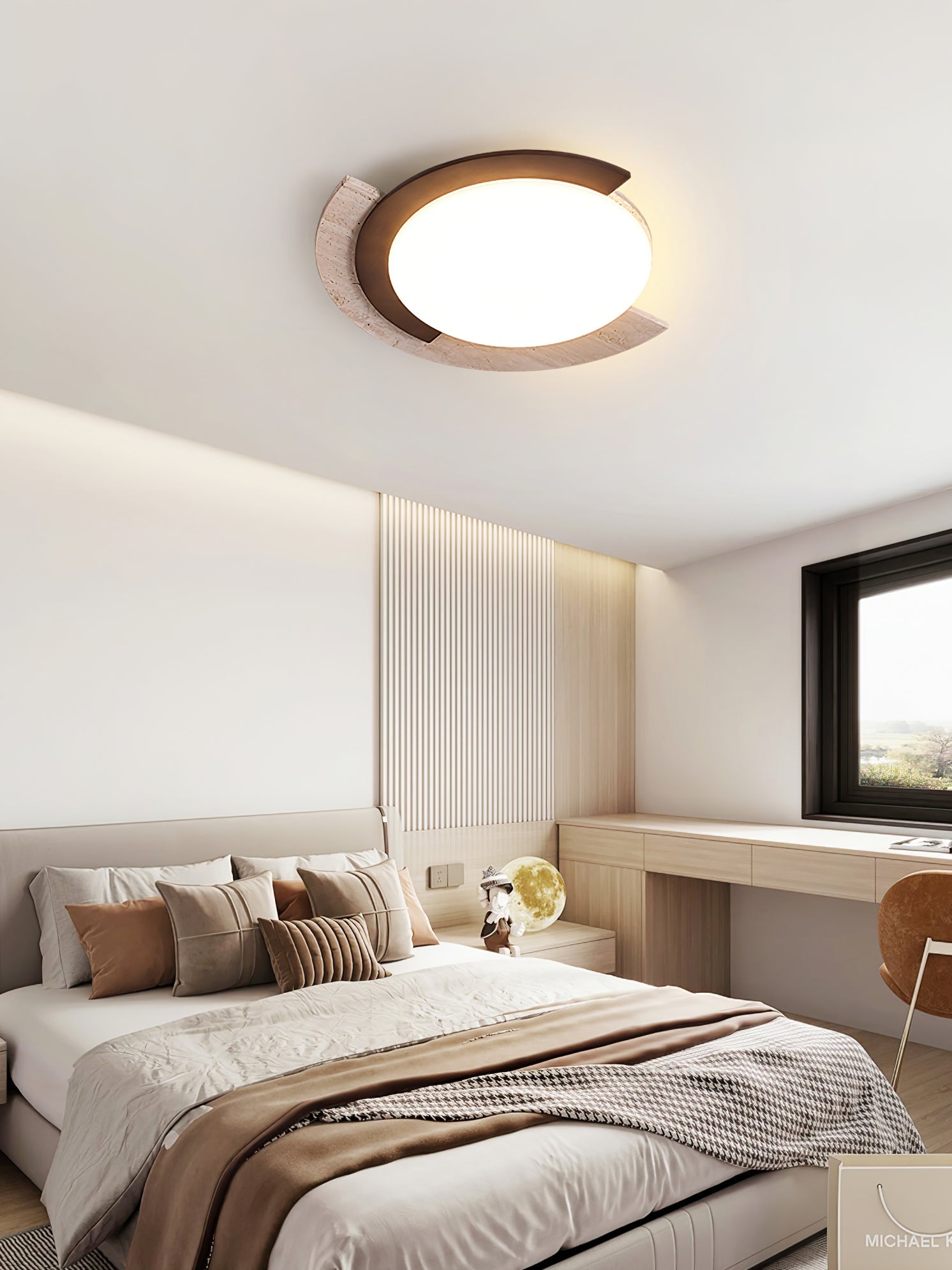 Hemera - Travertine and Walnut Ceiling Lamp