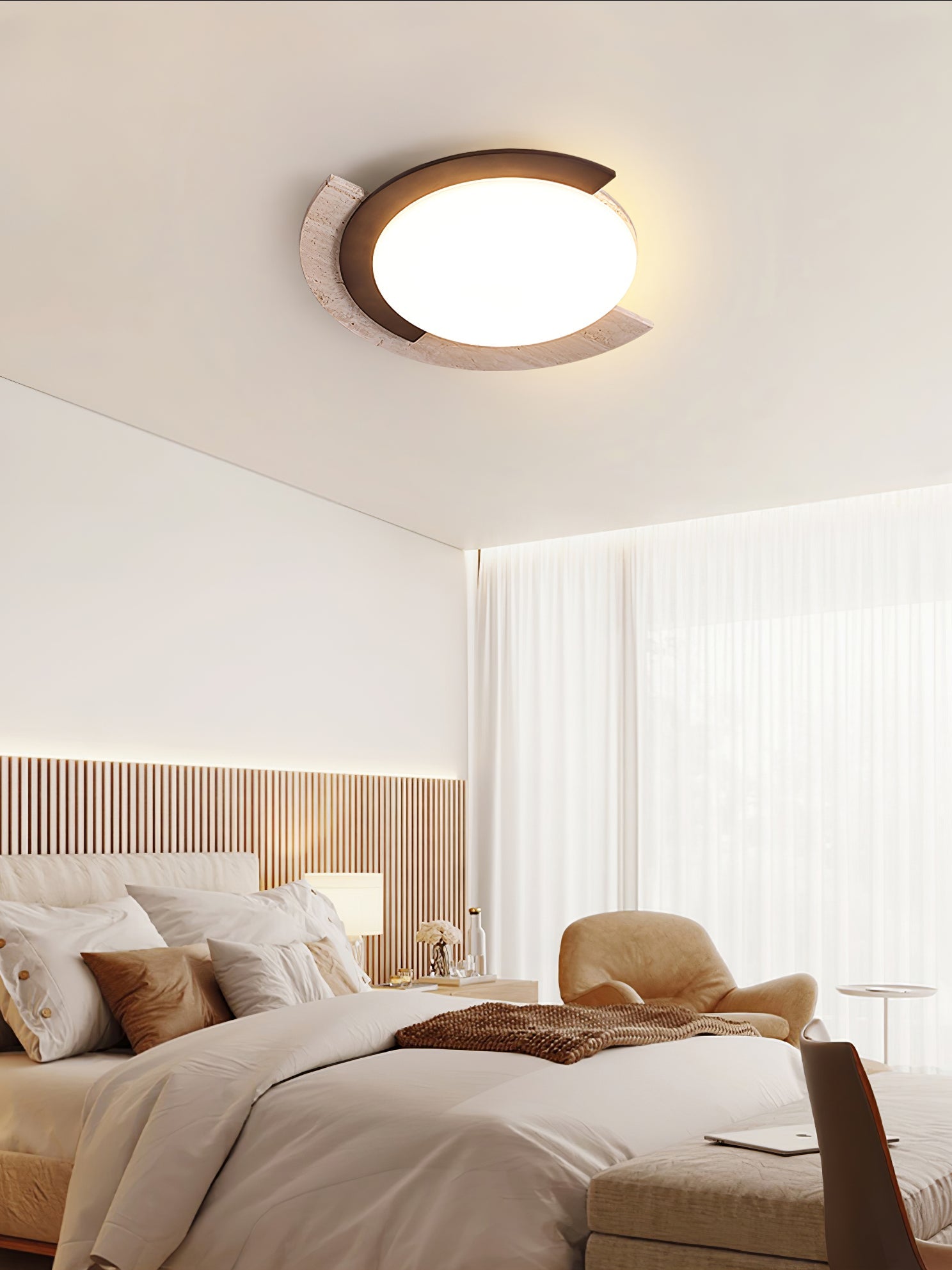 Hemera - Travertine and Walnut Ceiling Lamp