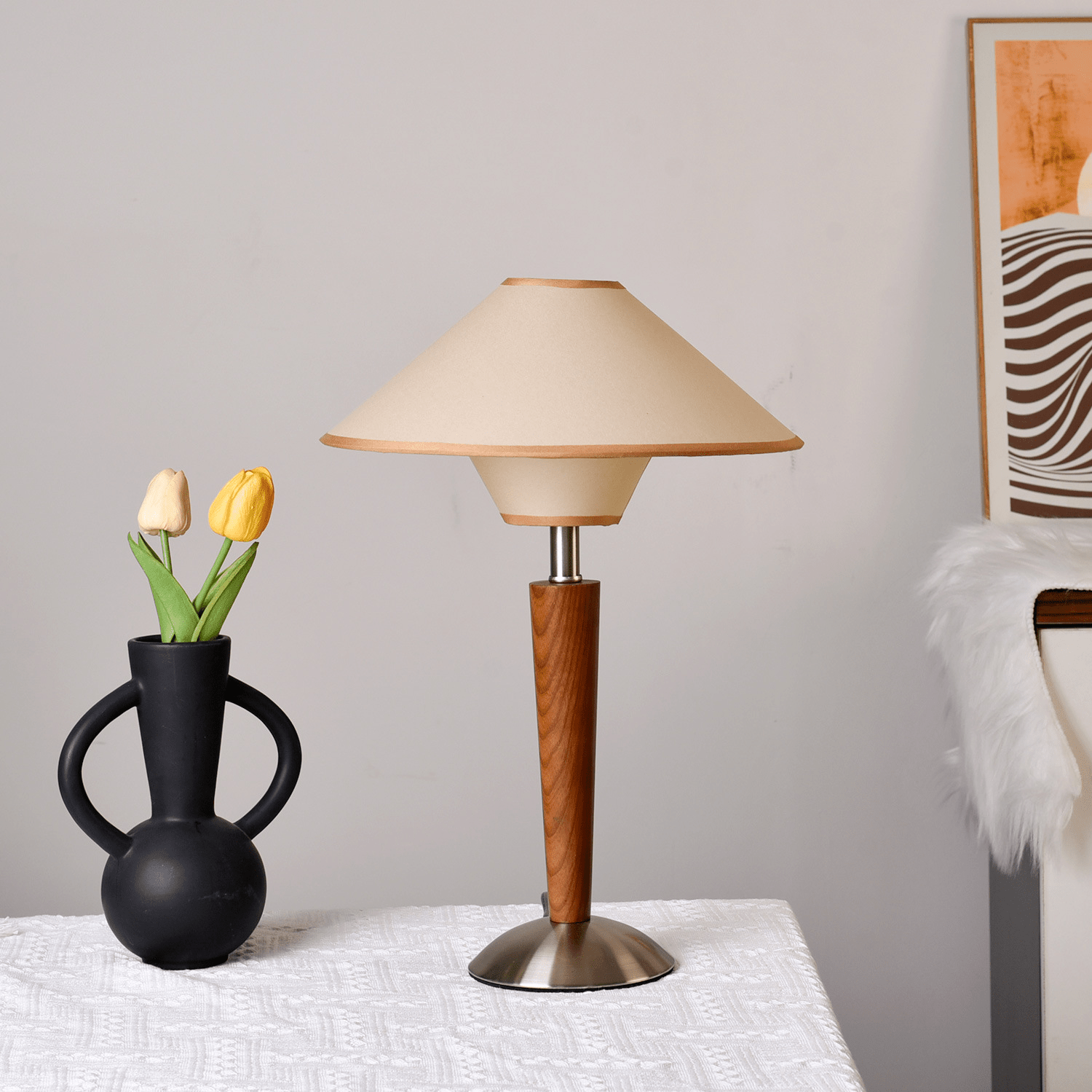 Dryope - Walnut-Color Wood and Fabric Table Lamp