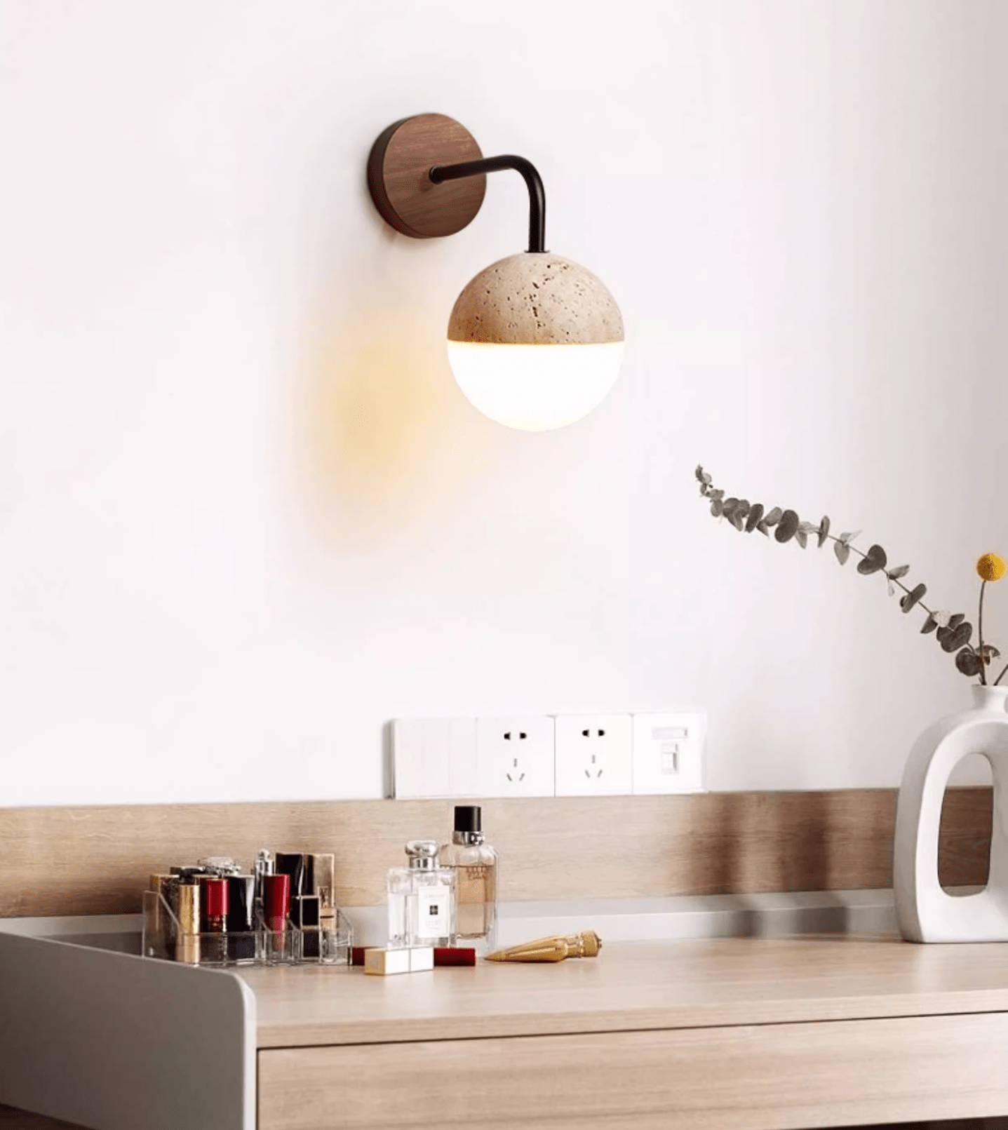 Kirke - Travertine and Polycarbonate Orb Sconce