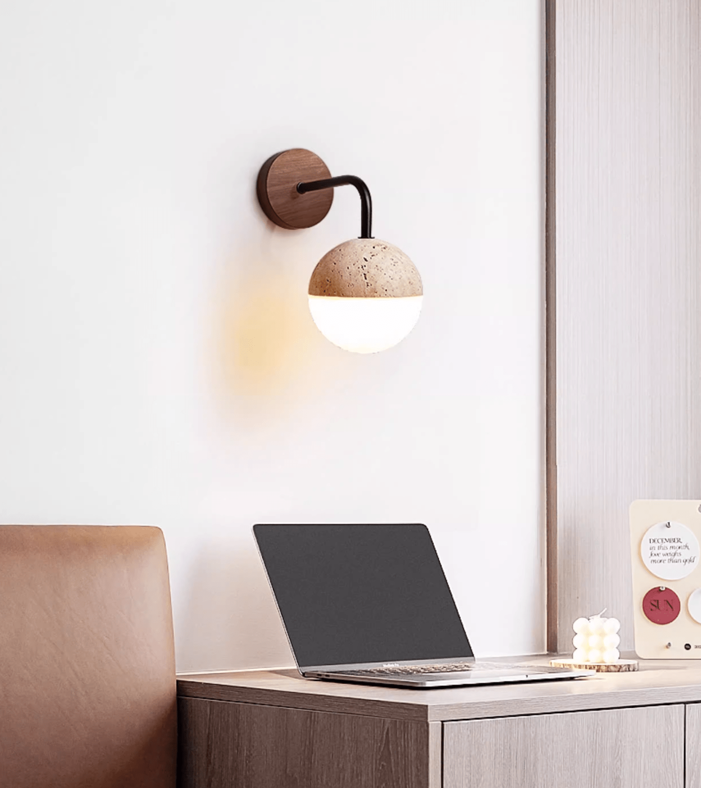 Kirke - Travertine and Polycarbonate Orb Sconce