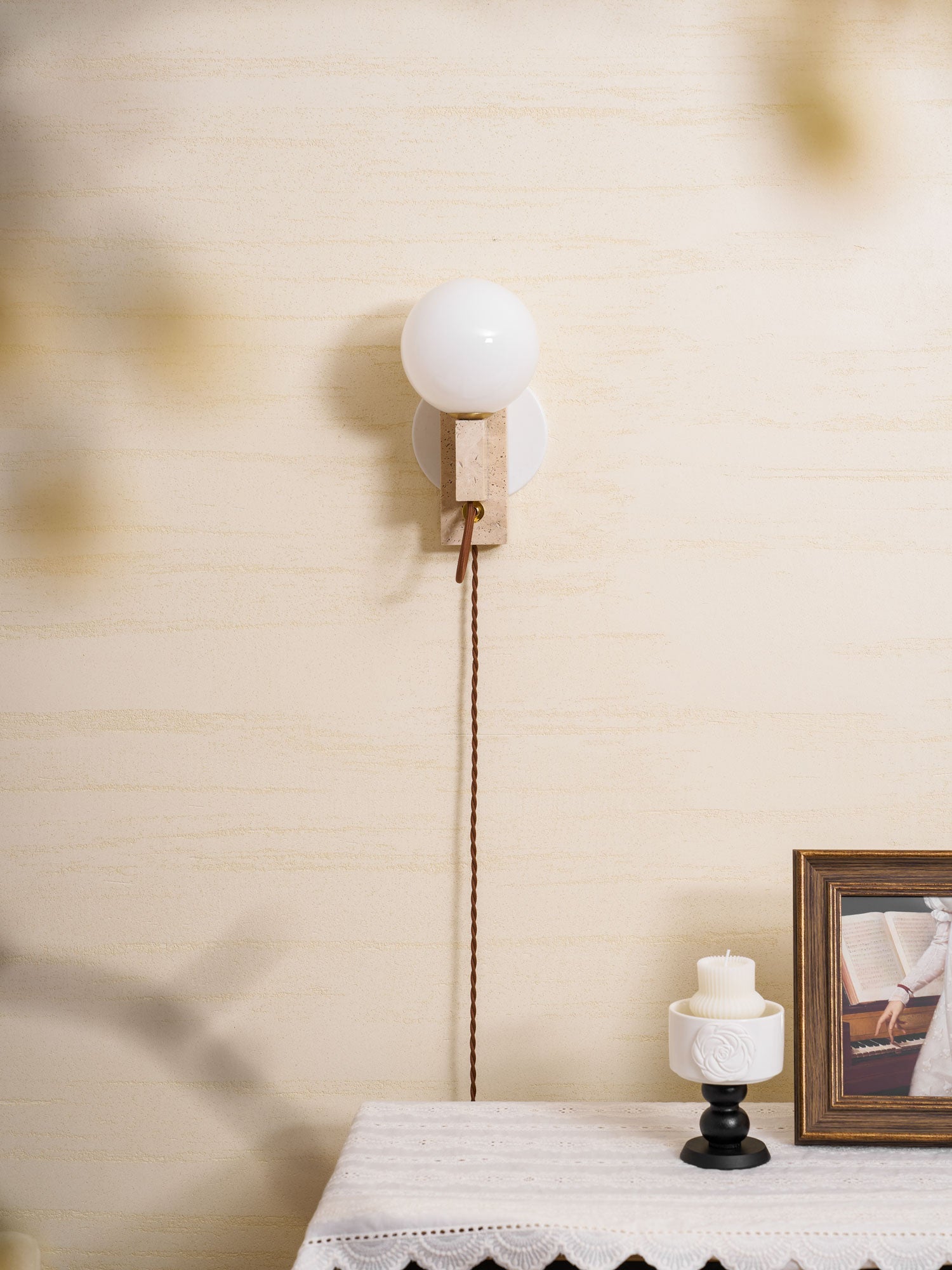 Dione - Travertine and Opal Globe Sconce