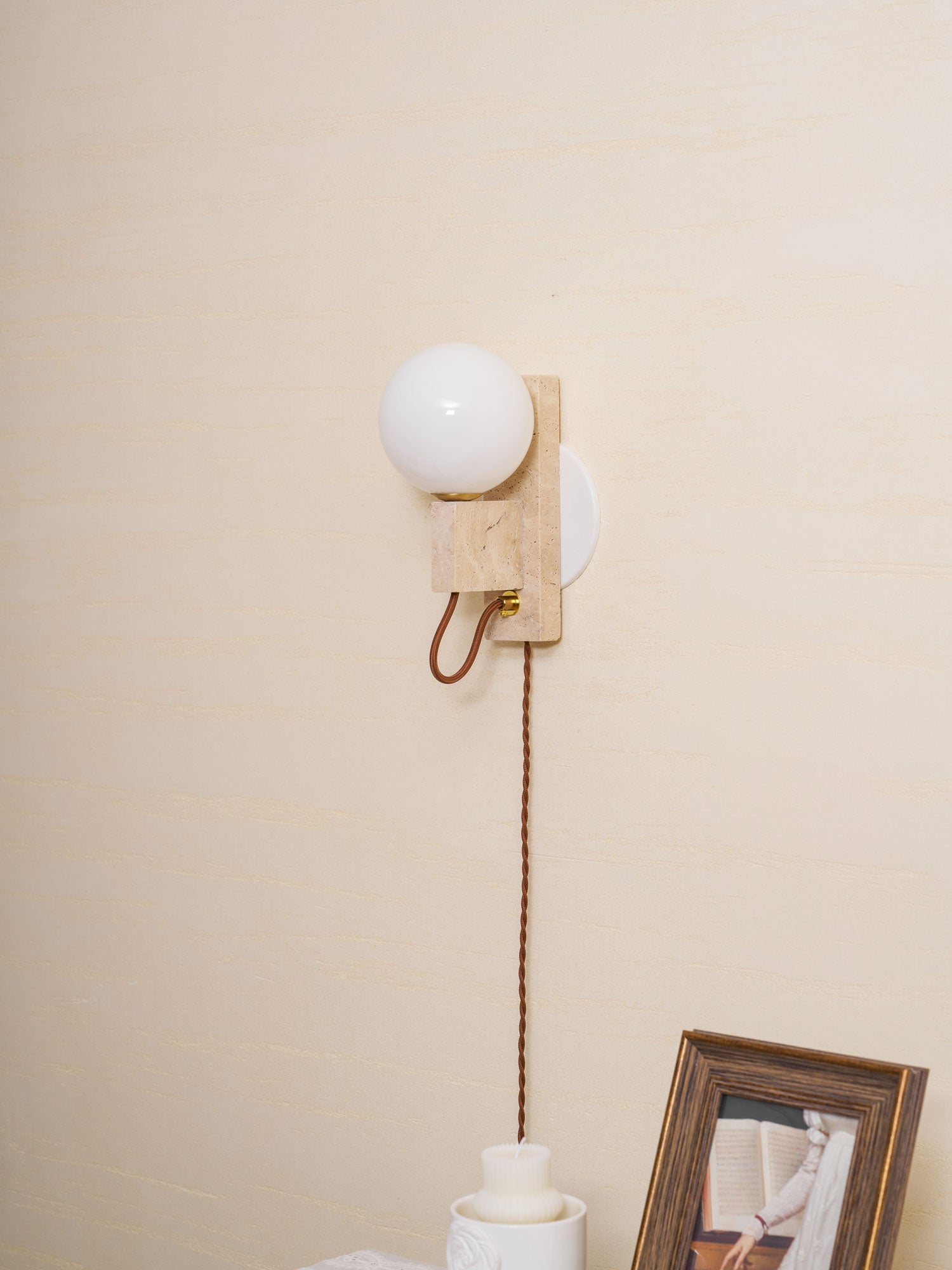 Dione - Travertine and Opal Globe Sconce