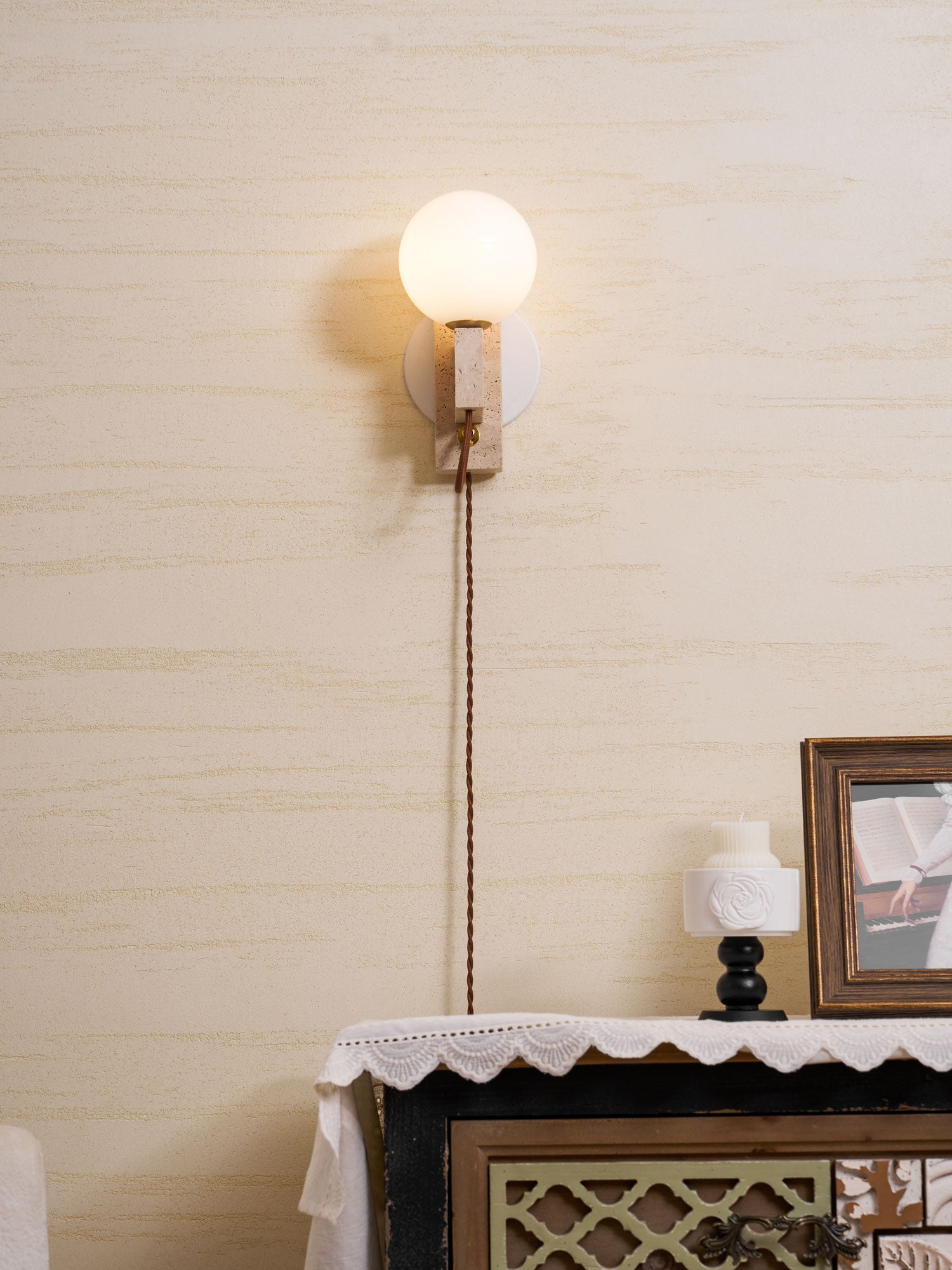 Dione - Travertine and Opal Globe Sconce