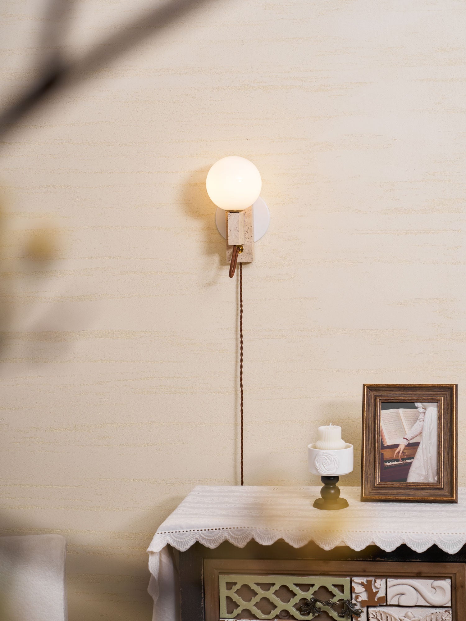 Dione - Travertine and Opal Globe Sconce