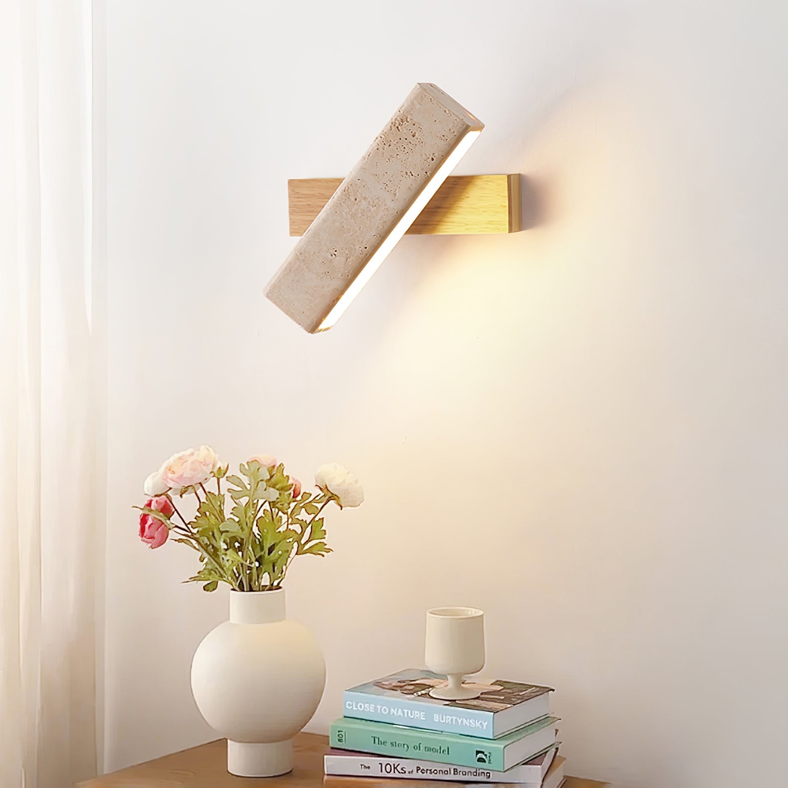 Notos - Travertine and Wood Linear Wall Lamp