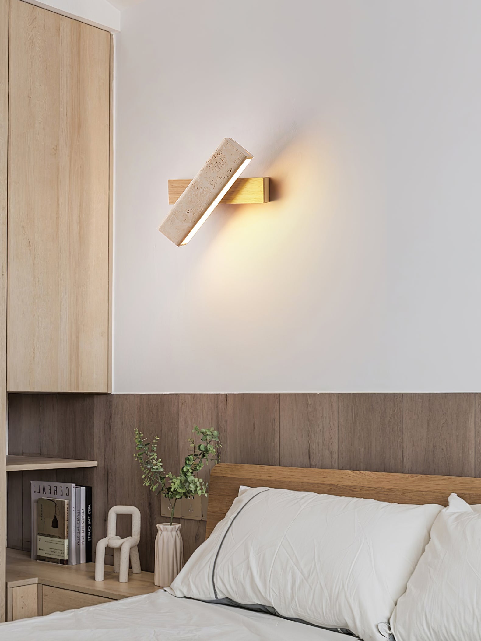 Notos - Travertine and Wood Linear Wall Lamp