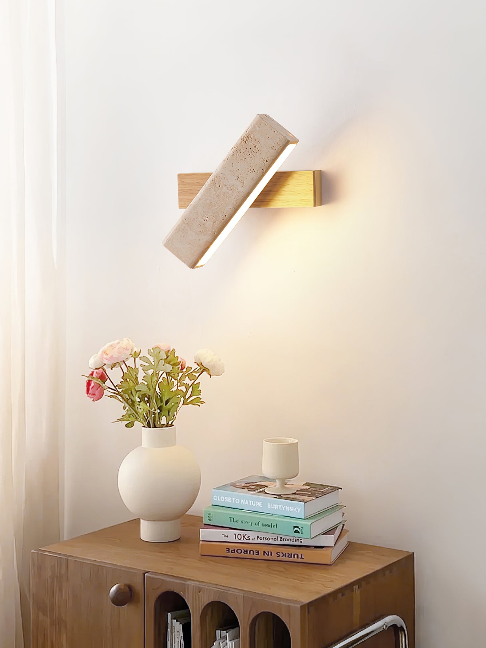 Notos - Travertine and Wood Linear Wall Lamp