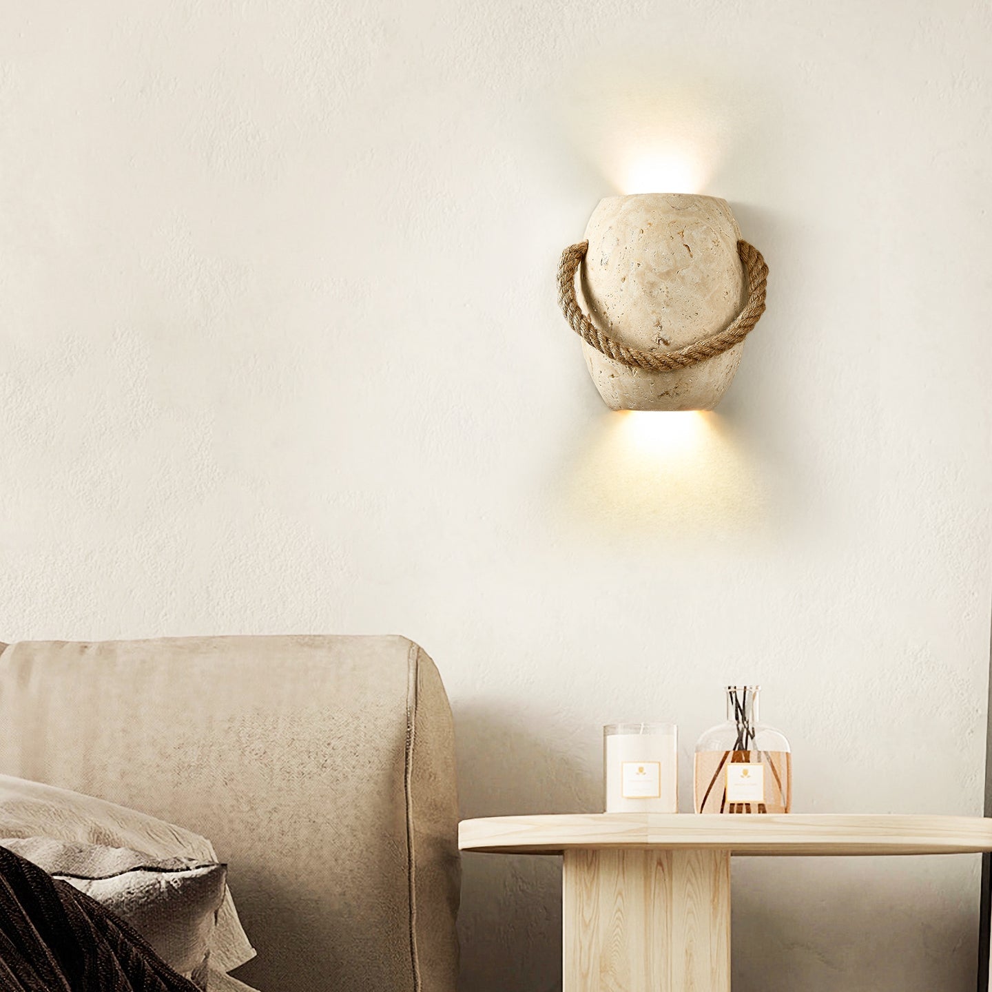 Nereus - Travertine and Hemp Rope Wall Sconce