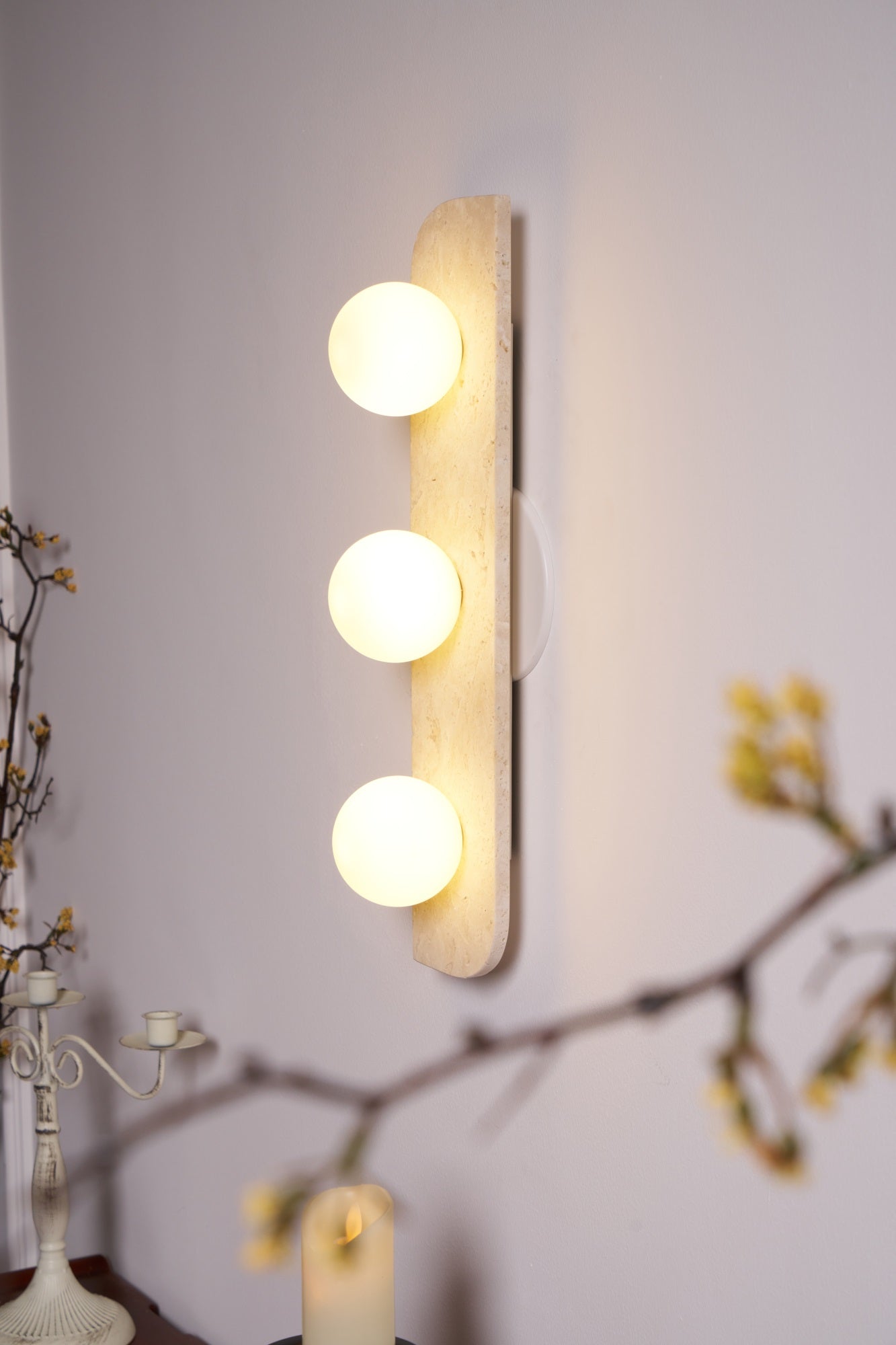 Glauke - Travertine and Glass Globe Plug-In Light