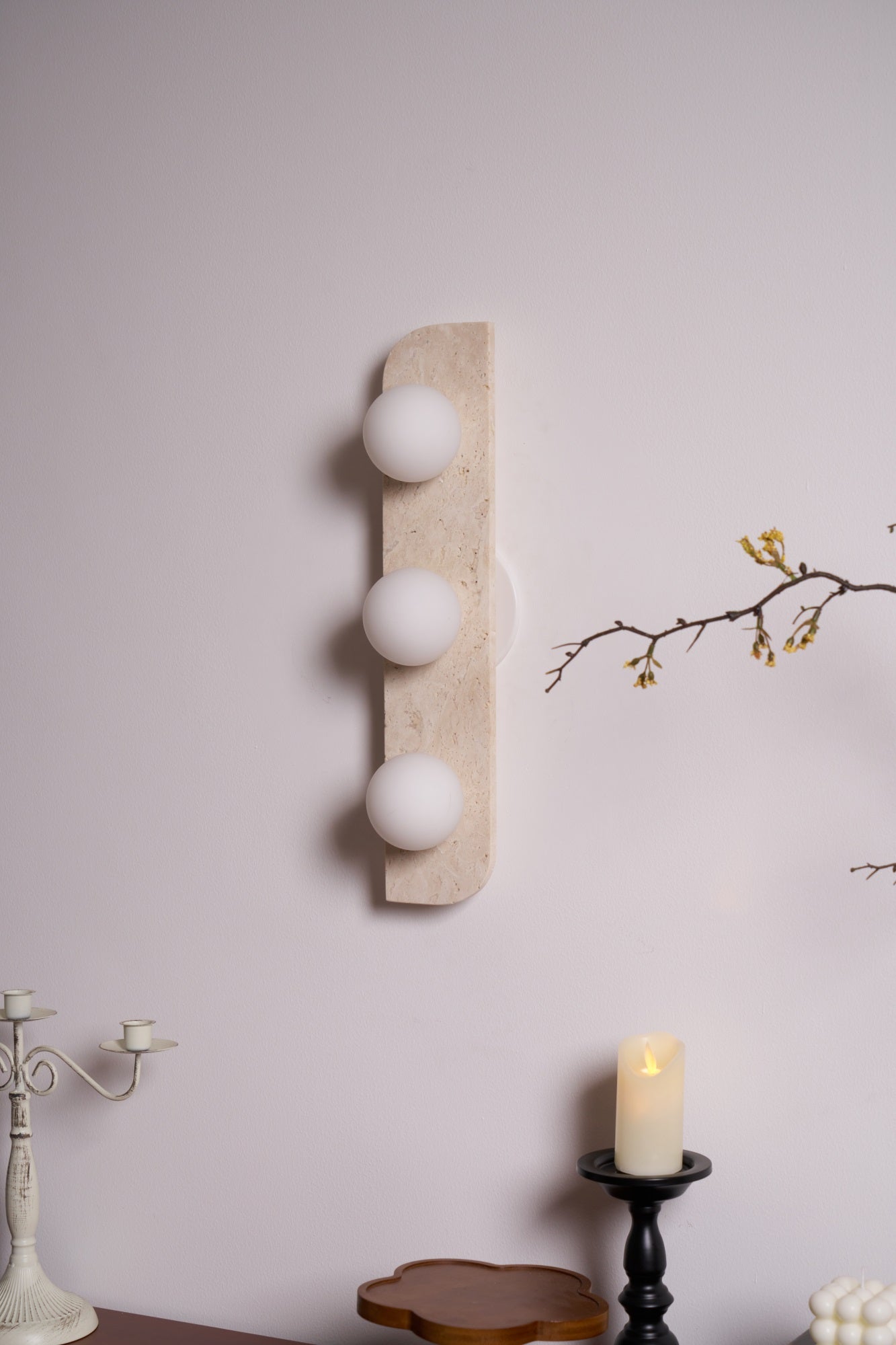 Glauke - Travertine and Glass Globe Plug-In Light