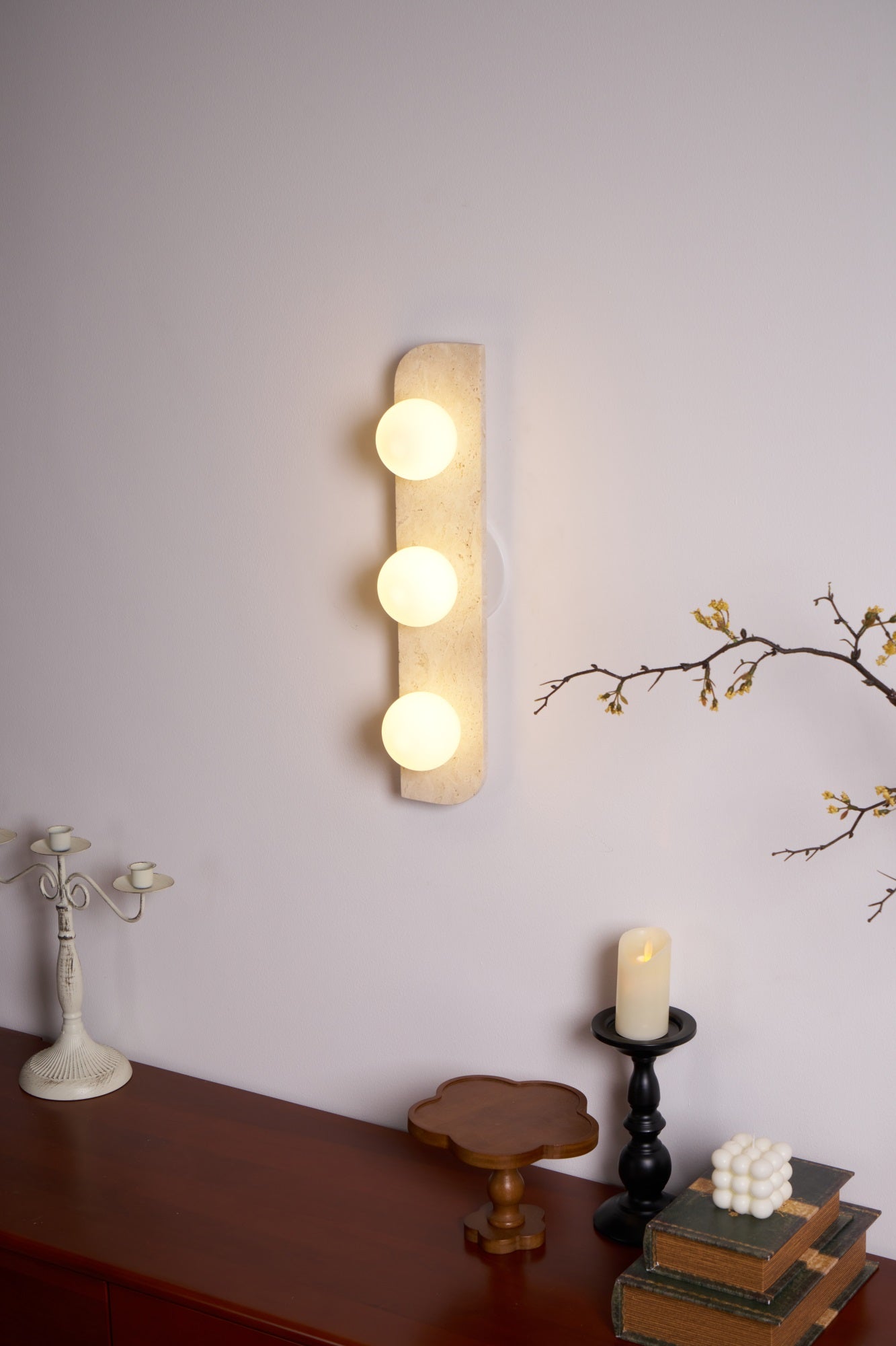 Glauke - Travertine and Glass Globe Plug-In Light