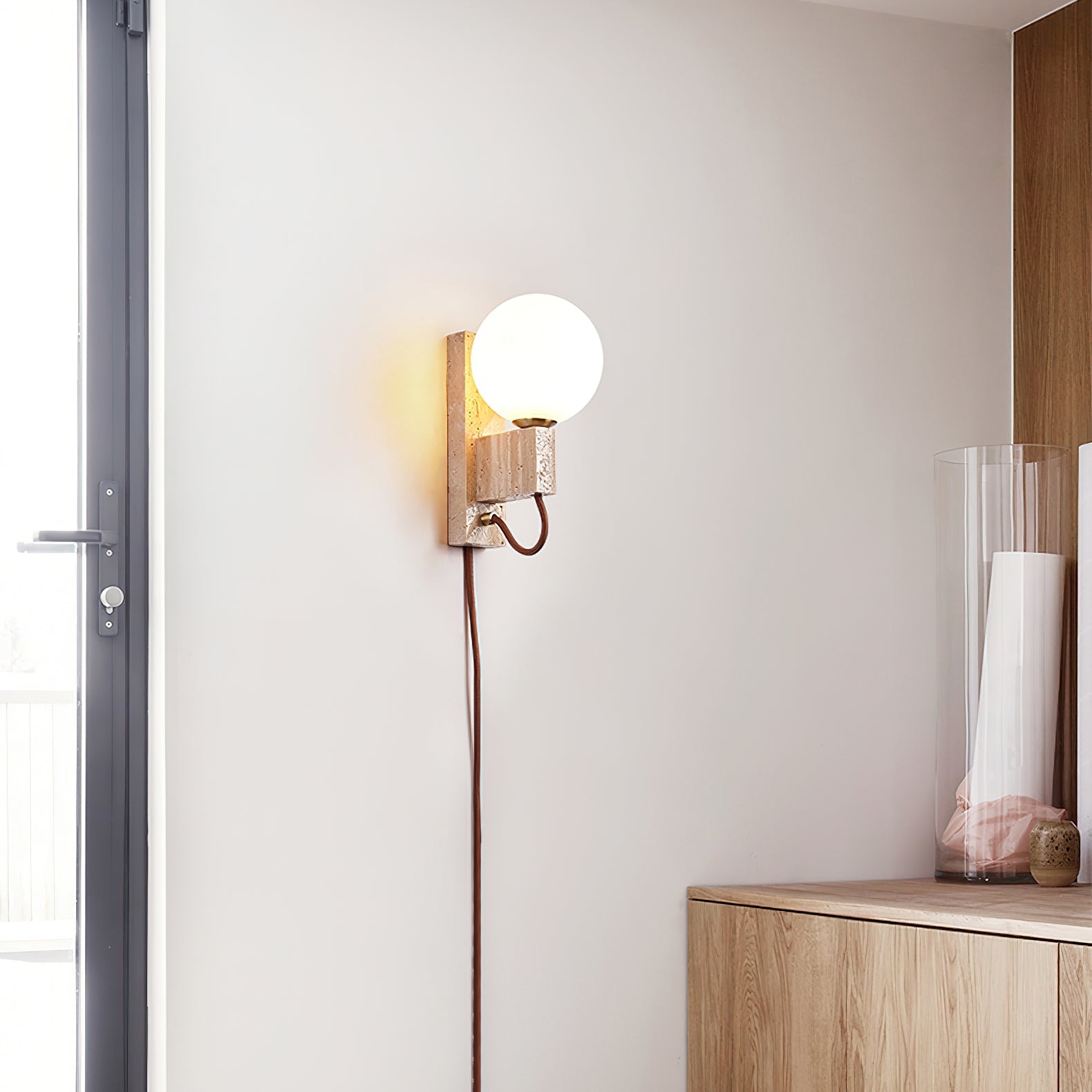 Dione - Travertine and Opal Globe Sconce