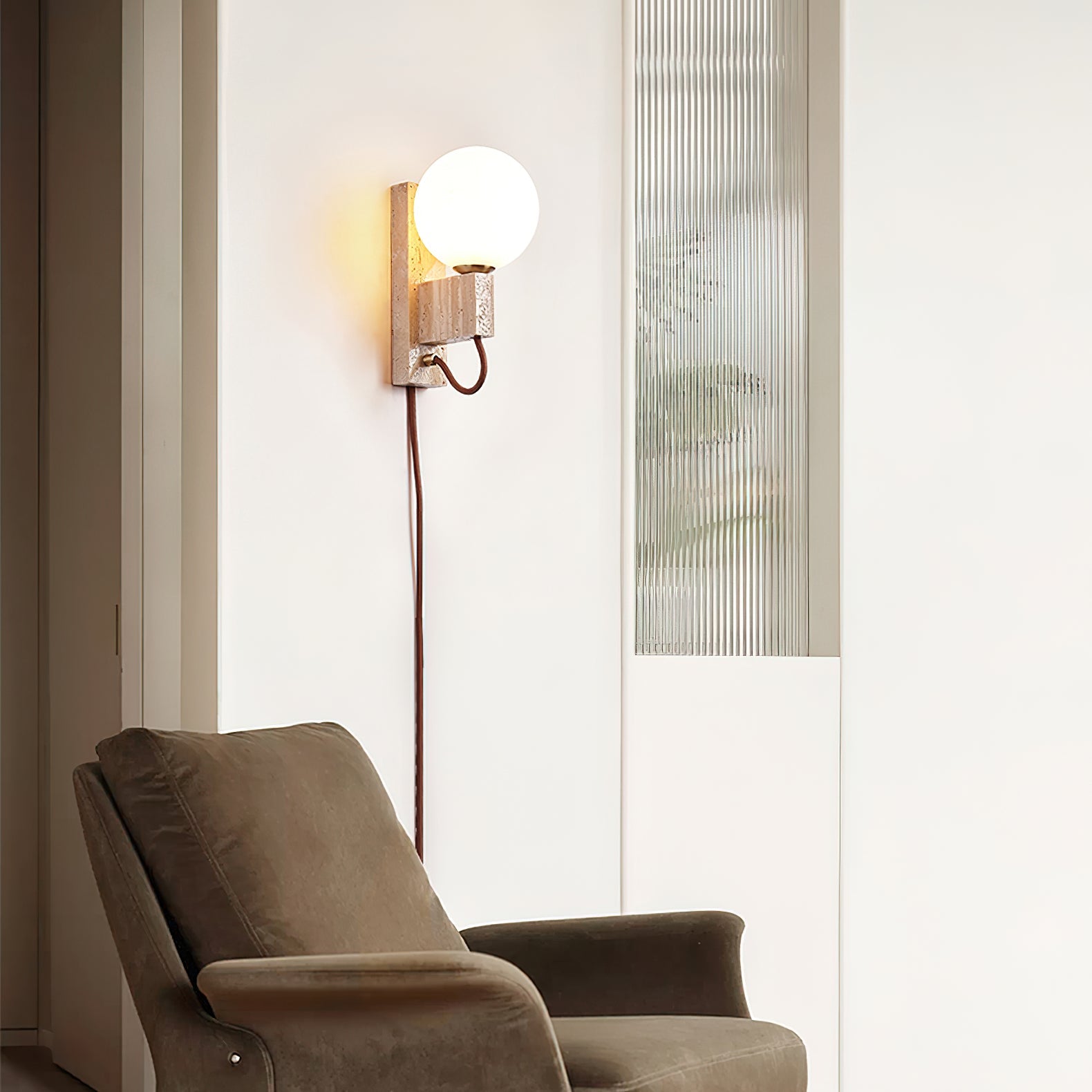 Dione - Travertine and Opal Globe Sconce