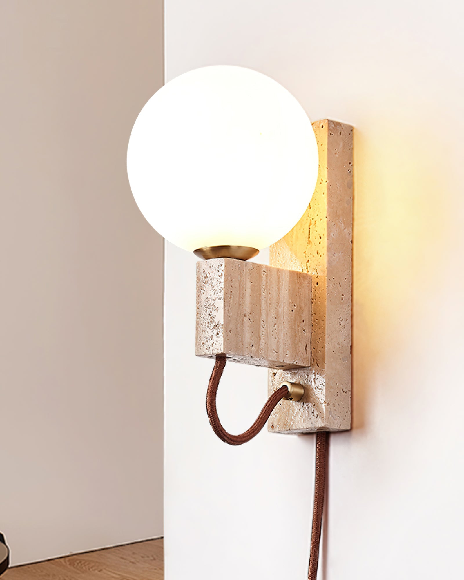 Dione - Travertine and Opal Globe Sconce