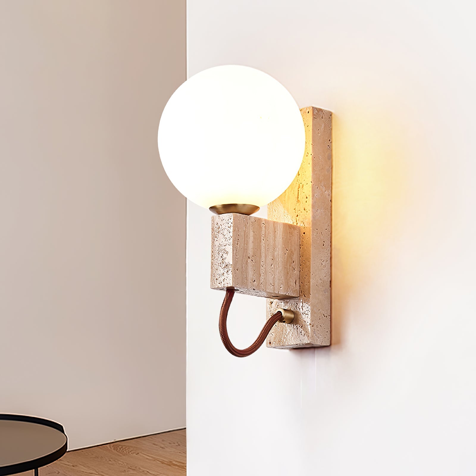 Halie - Travertine and Opal Sphere Sconce