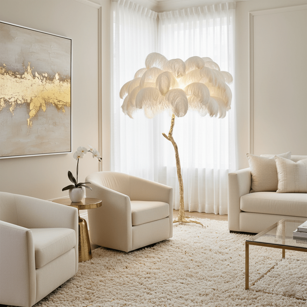 Auxo - Ostrich Feather and Brass Floor Lamp