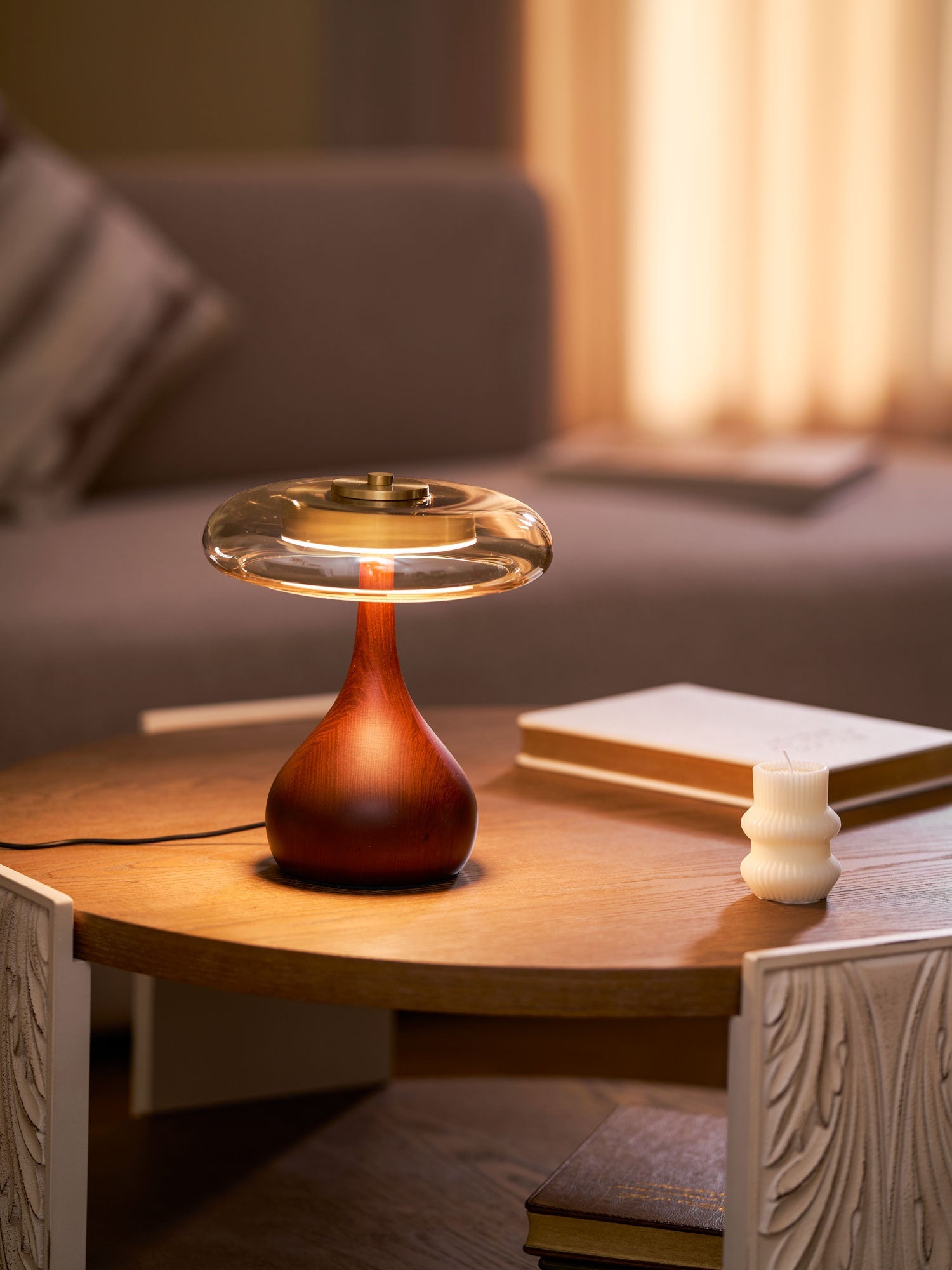 Elektra - Curved Wood and Amber Glass Table Lamp