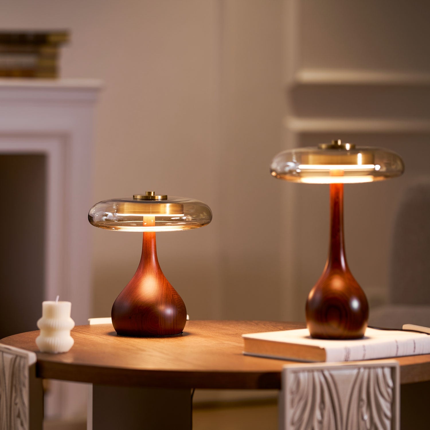 Elektra - Curved Wood and Amber Glass Table Lamp