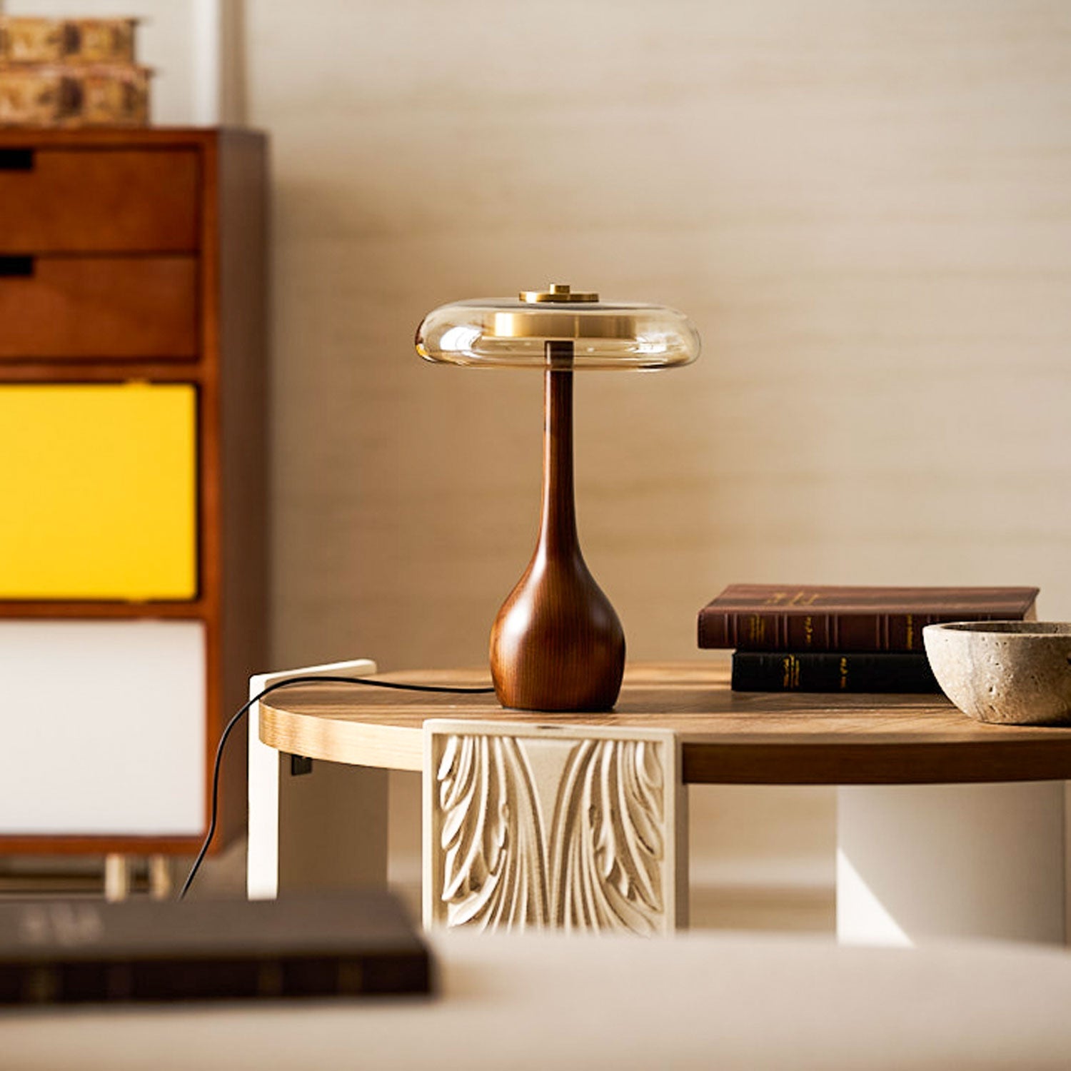 Elektra - Curved Wood and Amber Glass Table Lamp