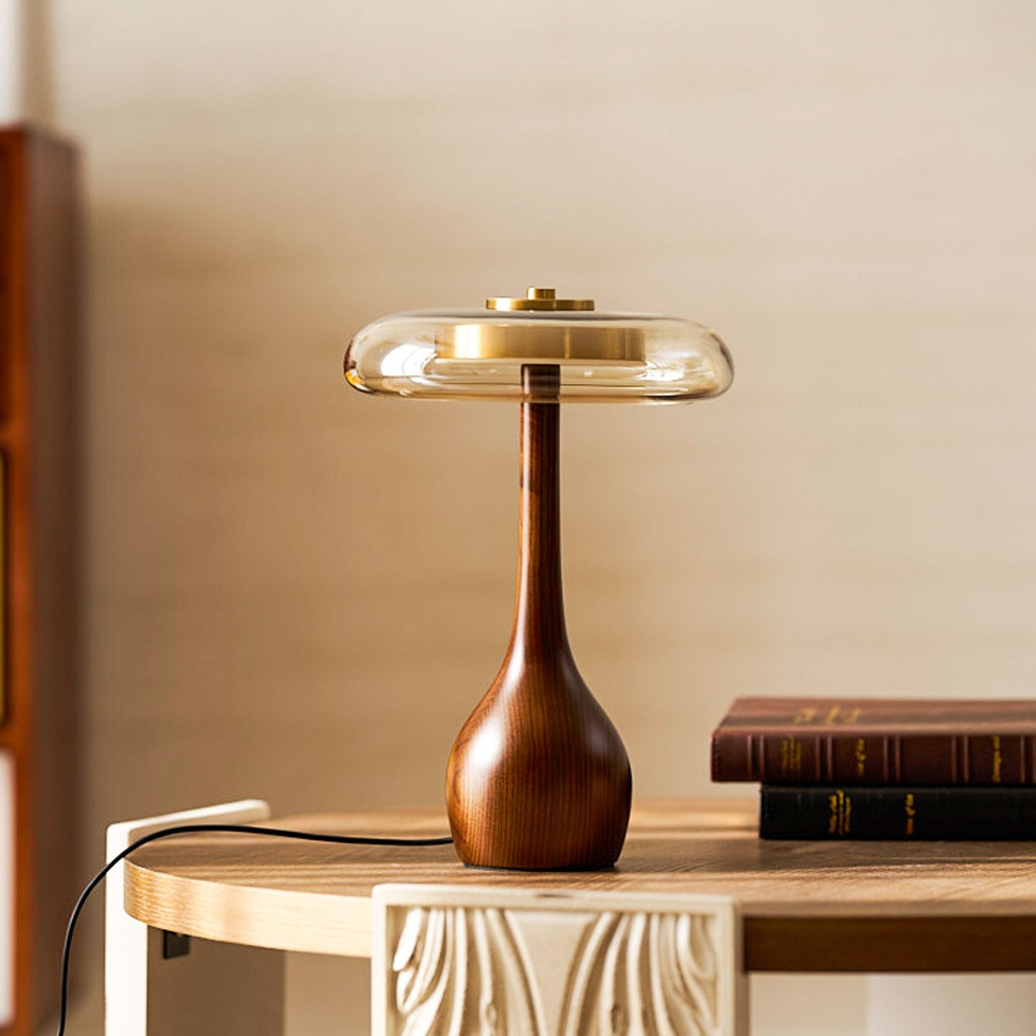 Elektra - Curved Wood and Amber Glass Table Lamp