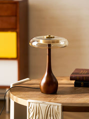 Elektra - Curved Wood and Amber Glass Table Lamp