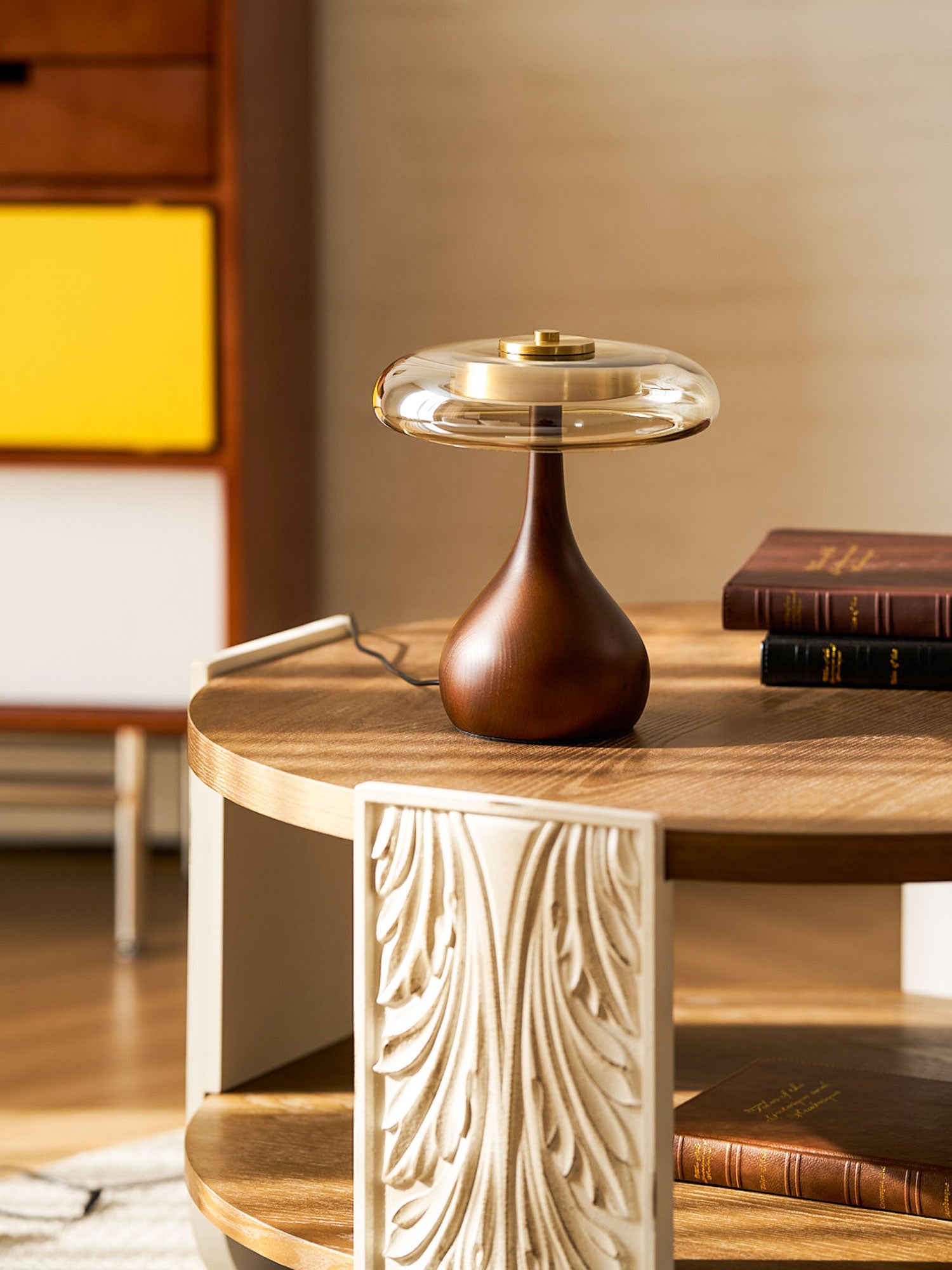 Elektra - Curved Wood and Amber Glass Table Lamp
