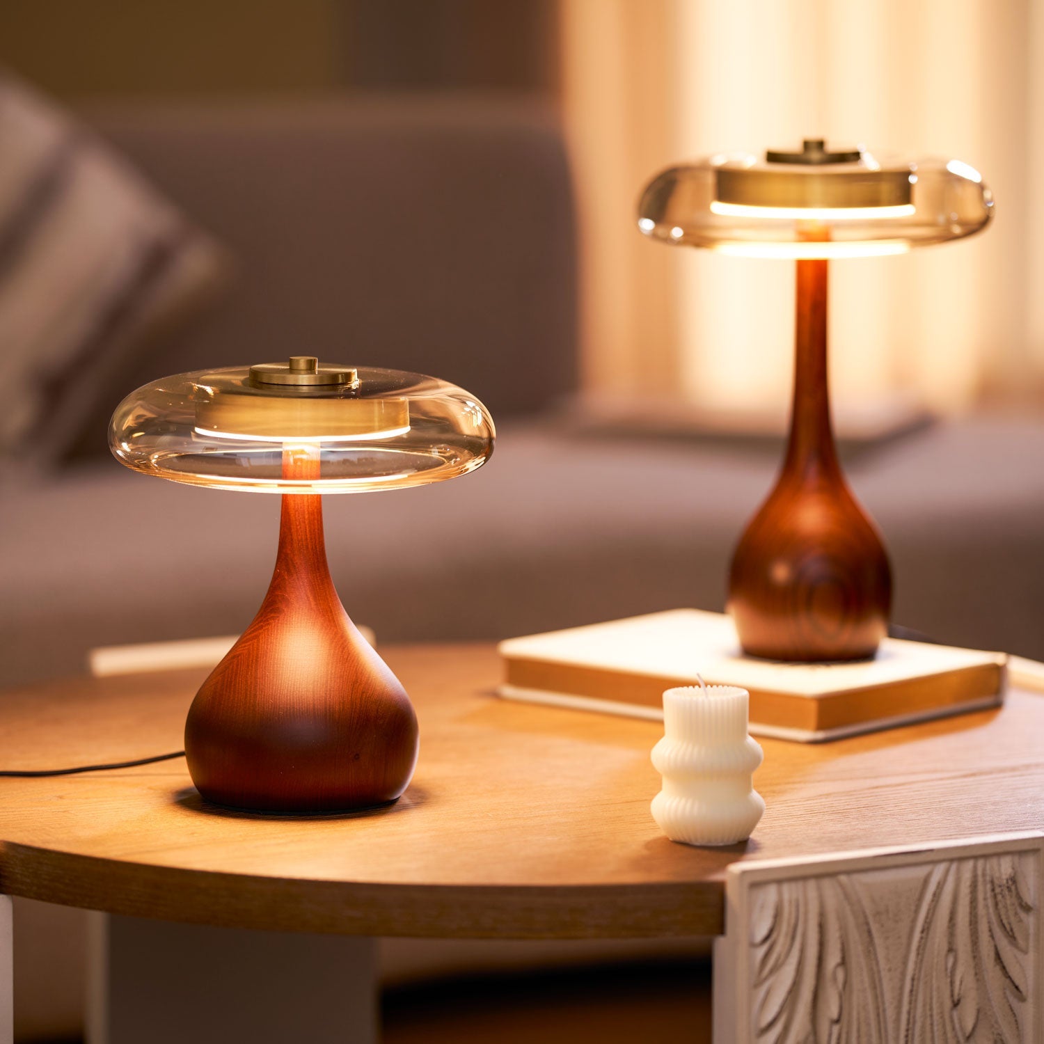 Elektra - Curved Wood and Amber Glass Table Lamp