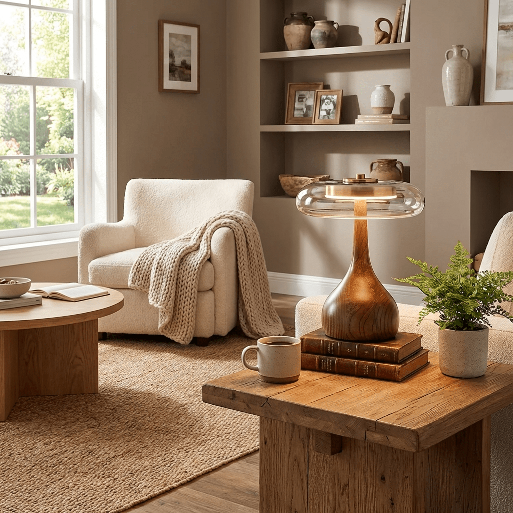 Elektra - Curved Wood and Amber Glass Table Lamp