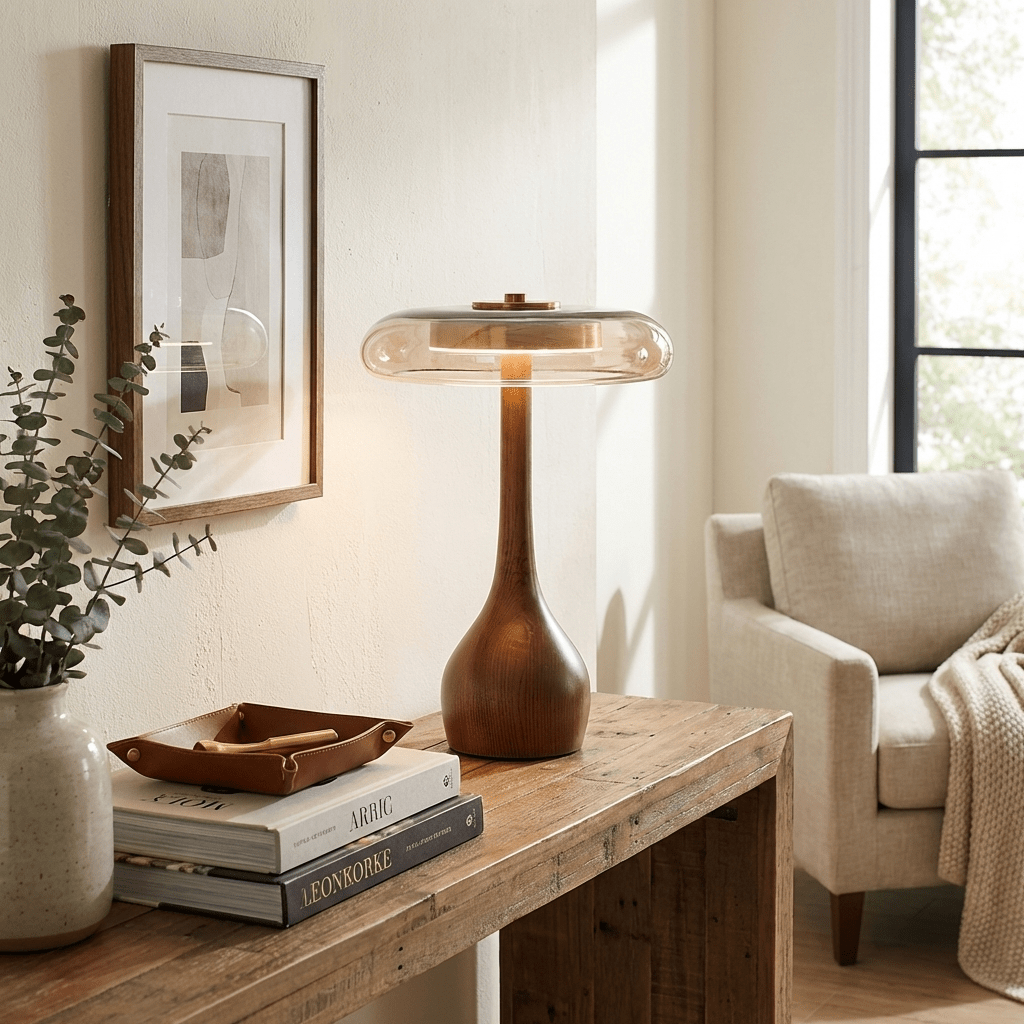 Elektra - Curved Wood and Amber Glass Table Lamp