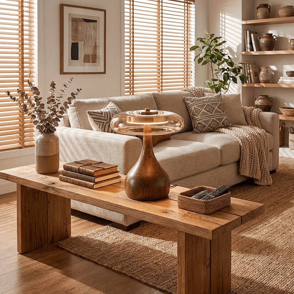 Elektra - Curved Wood and Amber Glass Table Lamp