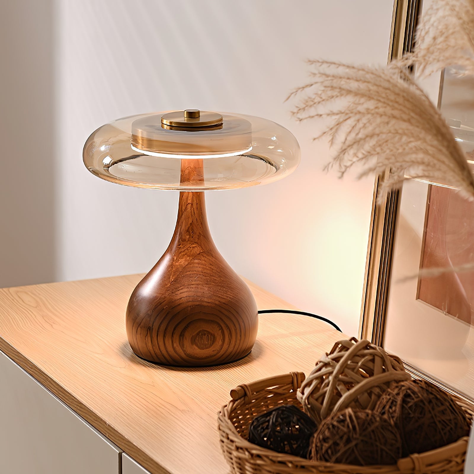 Elektra - Curved Wood and Amber Glass Table Lamp