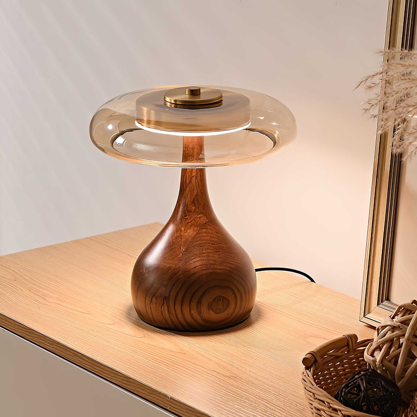 Elektra - Curved Wood and Amber Glass Table Lamp