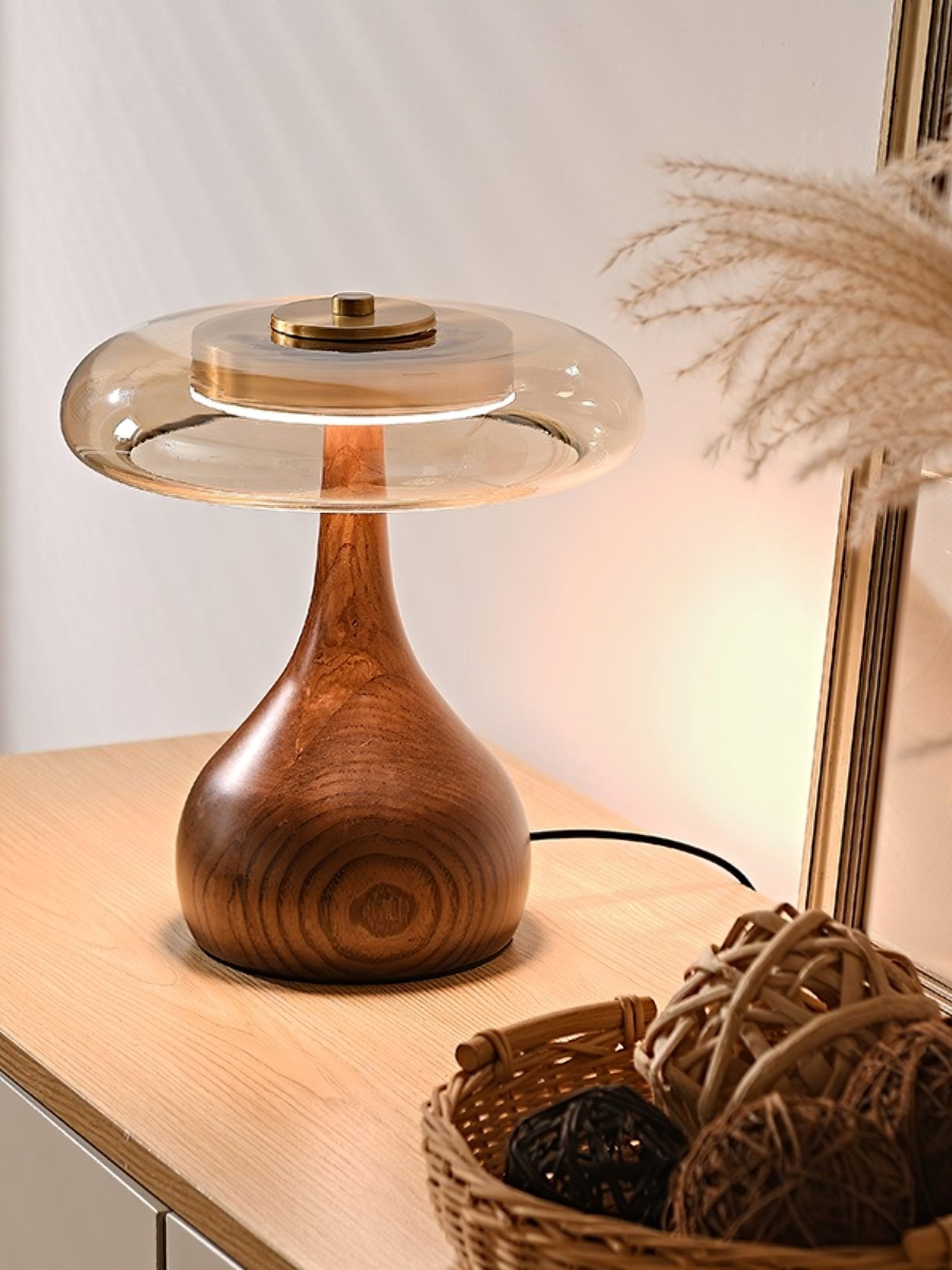 Elektra - Curved Wood and Amber Glass Table Lamp