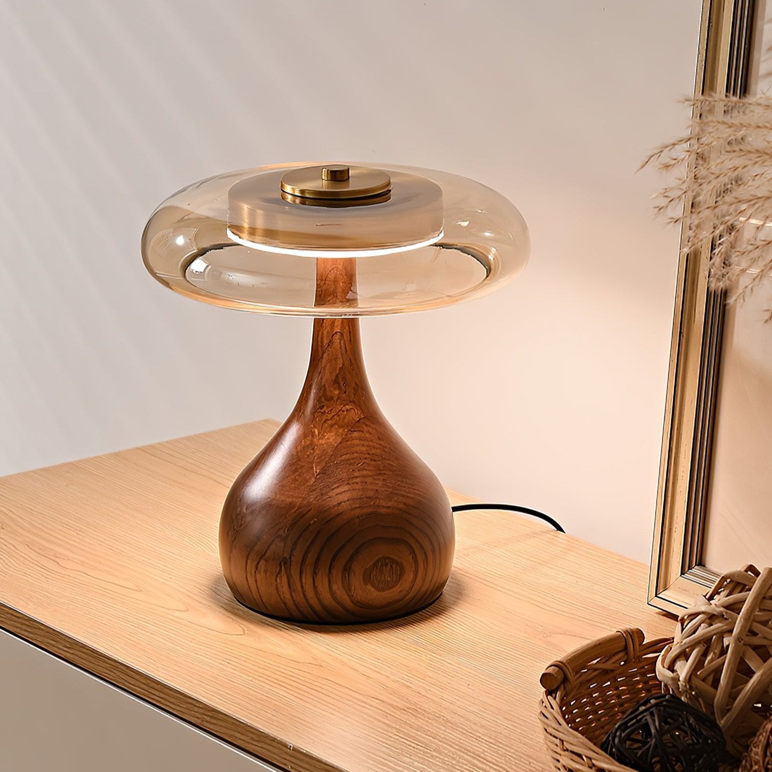 Elektra - Curved Wood and Amber Glass Table Lamp