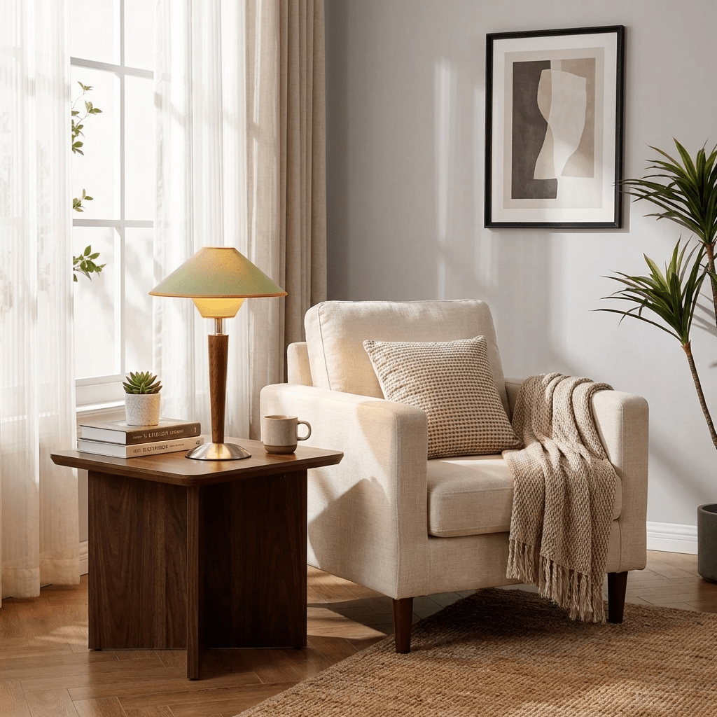 Dryope - Walnut-Color Wood and Fabric Table Lamp