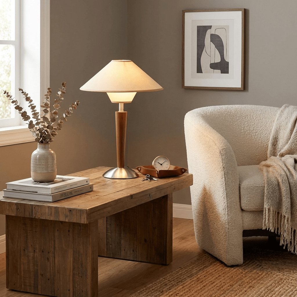 Dryope - Walnut-Color Wood and Fabric Table Lamp