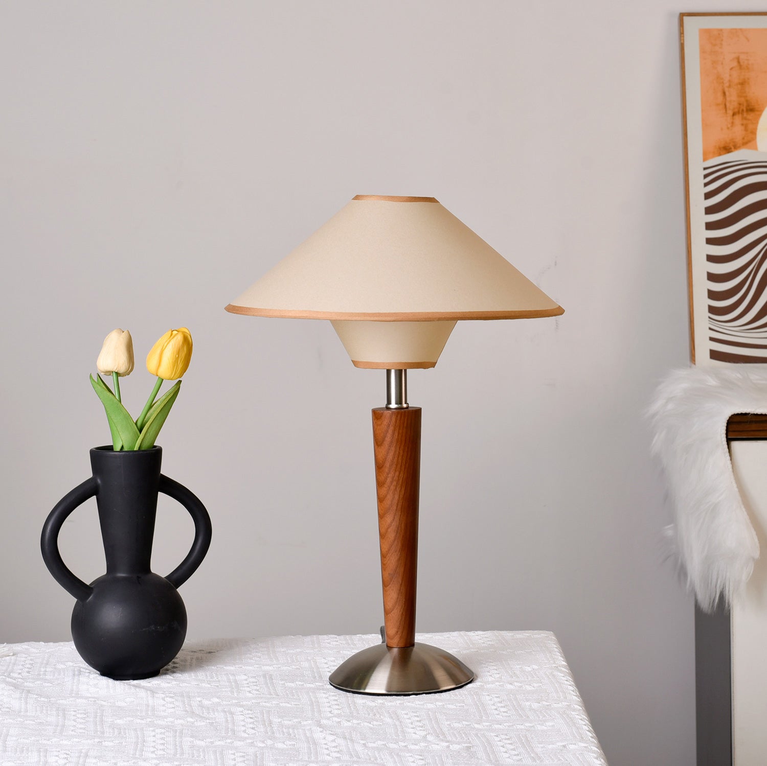 Dryope - Walnut-Color Wood and Fabric Table Lamp