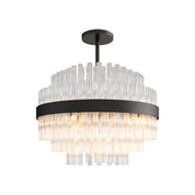 Hermione chandelier in black, clear glass rods cascading above and below the metal band