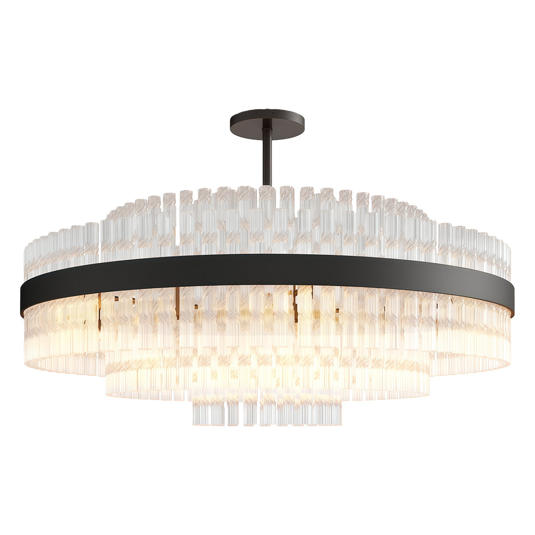Hermione chandelier in black, evenly spaced clear glass rods in stepped rows