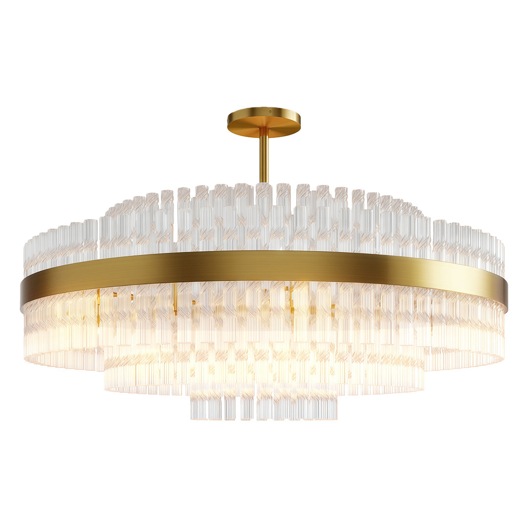 Hermione chandelier in brass, clear glass rods stepped above and below the brass band