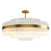 Hermione chandelier in brass, clear glass rods stepped above and below the brass band
