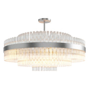 Hermione chandelier in nickel, staggered rows of clear glass rods around the metal band