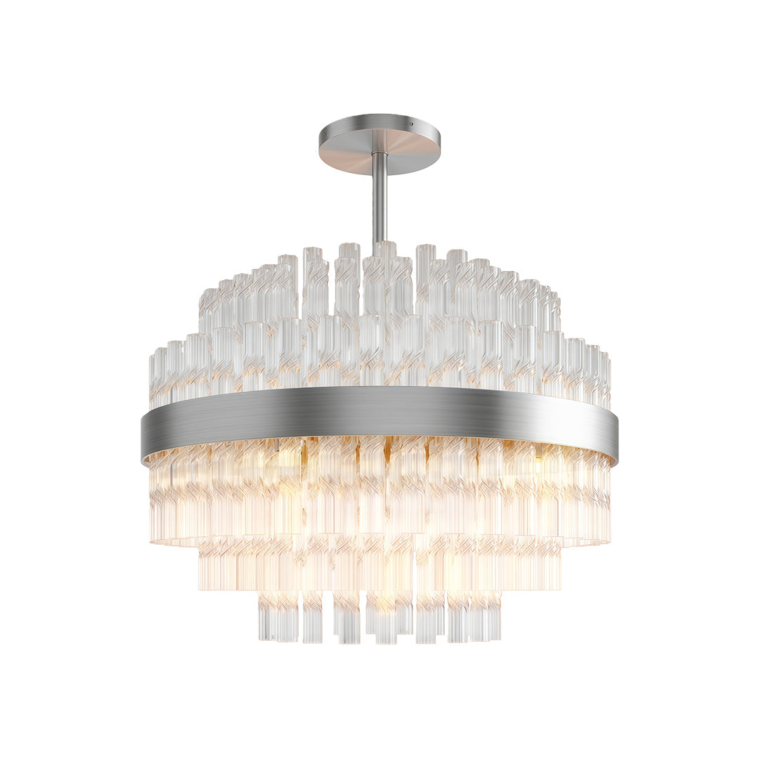 Hermione chandelier, layered rows of clear glass rods stepped around the metal band