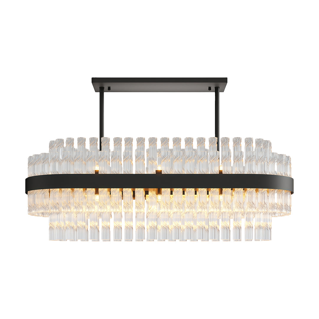 Hermione chandelier in black, an elongated band densely set with clear glass rods