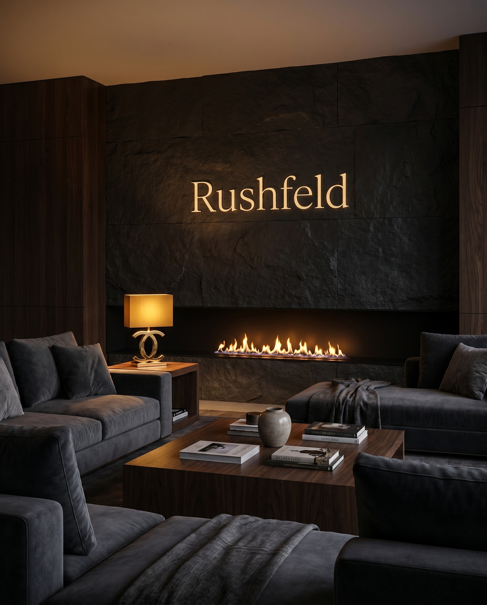 Rushfeld lamp in a dark luxury living room with Rushfeld wall sign