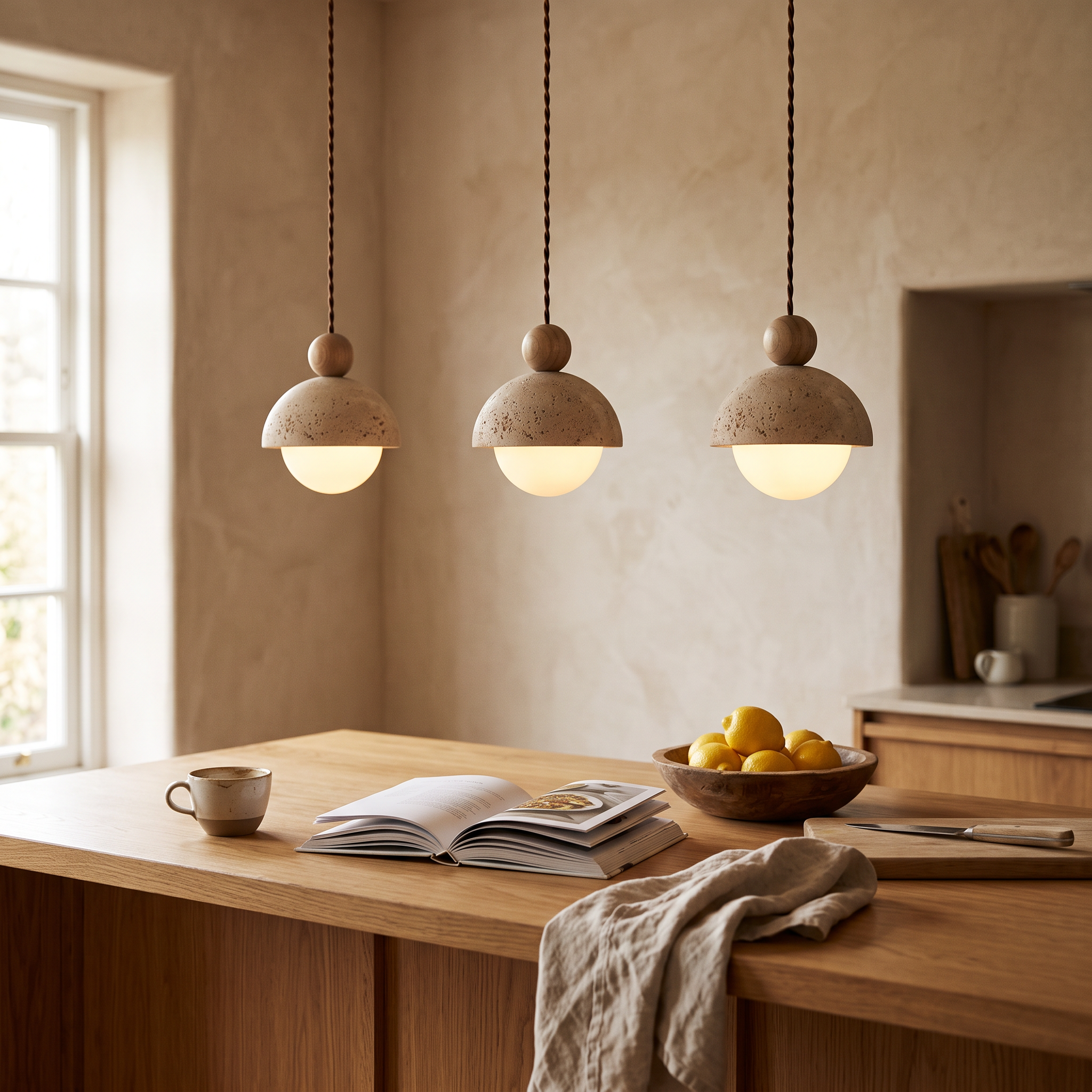 Three Calypso travertine pendant lights in wood finish hanging in a row above a warm oak kitchen island