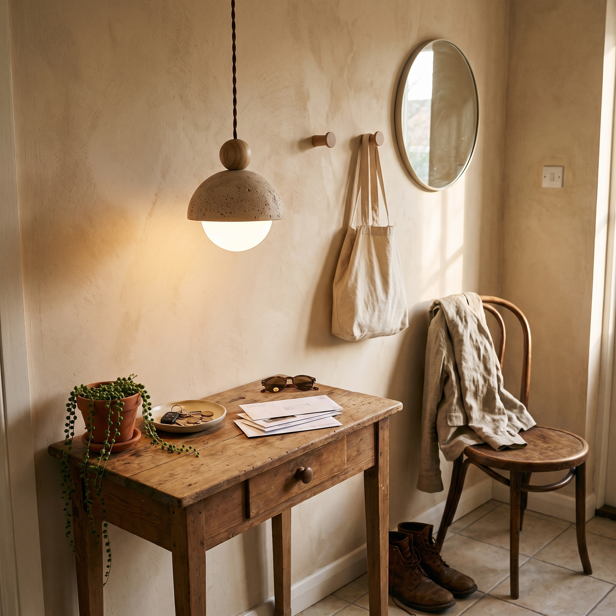 Calypso travertine pendant light in wood finish above an entryway console table with warm ambient glow