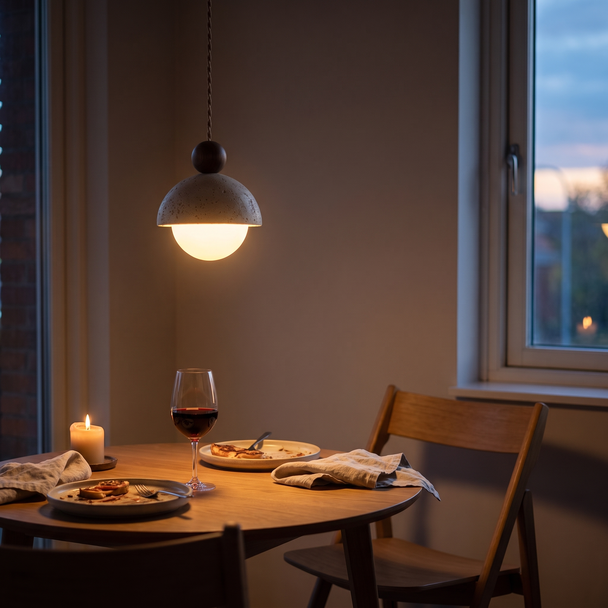 Calypso travertine pendant light in walnut finish glowing warmly above a round wooden dining table at dusk