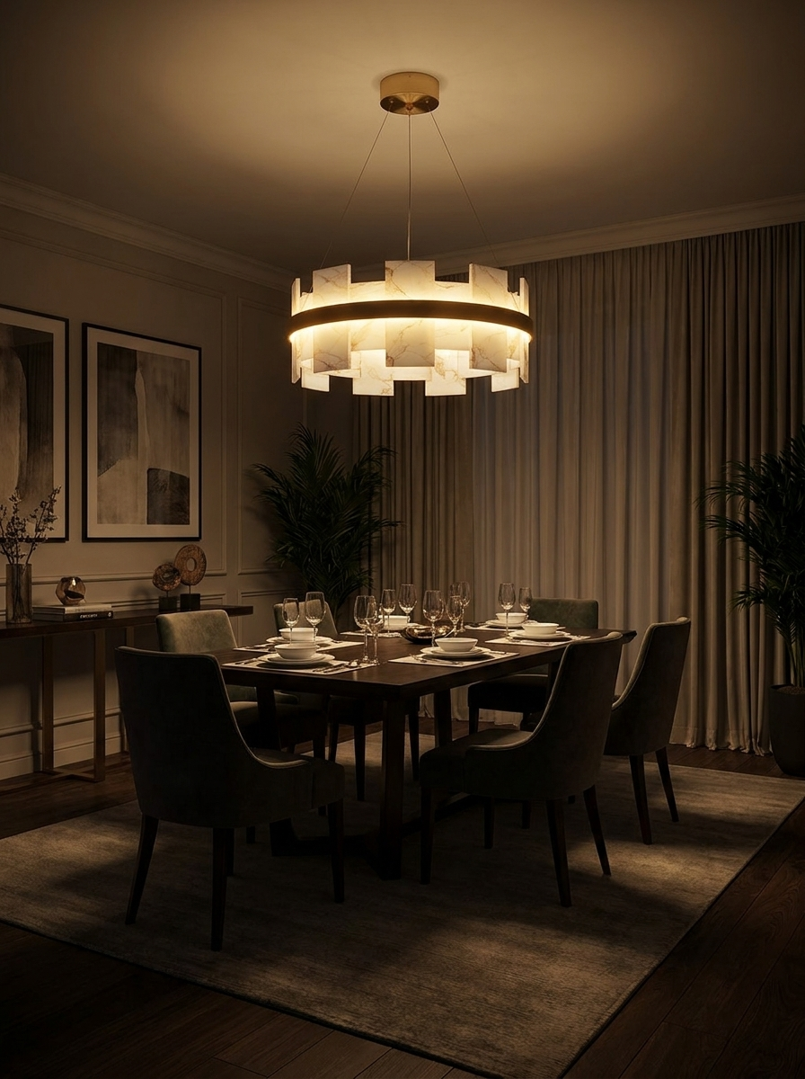 Elara stone ring chandelier lighting a dark dining room at night